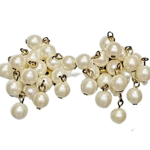 White Pearl Cluster Dangle Clip-On Statement Earrings 2" Wedding Jewelry - Picture 1 of 8